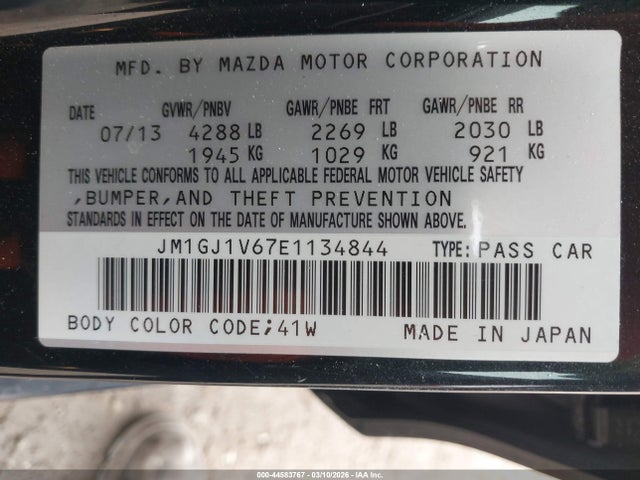 44583767 :رقم المزاد ، JM1GJ1V67E1134844 vin ، 2014 Mazda Mazda6 I Touring مزاد بيع