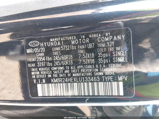 2020 Hyundai Palisade Sel მანქანა იყიდება აუქციონზე, vin: KM8R24HEXLU133463, აუქციონის ნომერი: 44583776