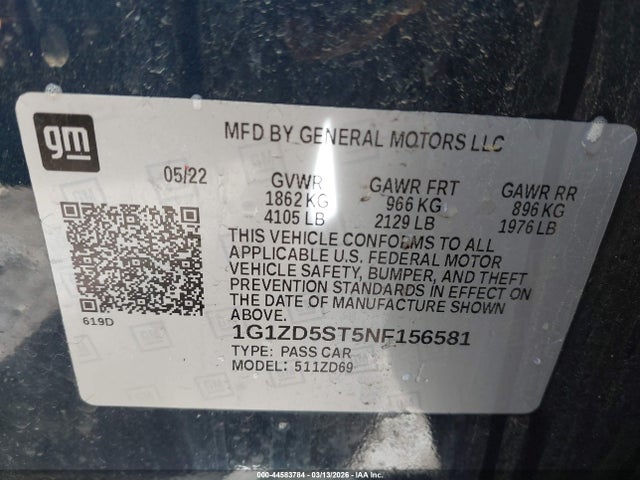 Продажа на аукционе авто 2022 Chevrolet Malibu Fwd Lt, vin: 1G1ZD5ST5NF156581, номер лота: 44583784