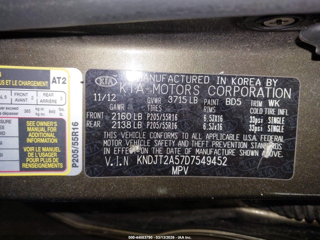 44583790 :رقم المزاد ، KNDJT2A57D7549452 vin ، 2013 Kia Soul مزاد بيع