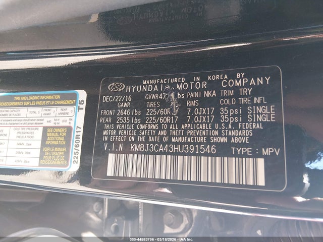 Продажа на аукционе авто 2017 Hyundai Tucson Se, vin: KM8J3CA43HU391546, номер лота: 44583796