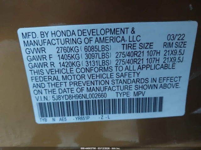 2022 Acura Mdx Type S მანქანა იყიდება აუქციონზე, vin: 5J8YD8H96NL002660, აუქციონის ნომერი: 44583798