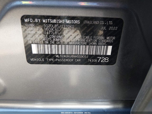 Продаж на аукціоні авто 2022 Mitsubishi Mirage Es/le, vin: ML32AUHJ8NH009051, номер лоту: 44583814