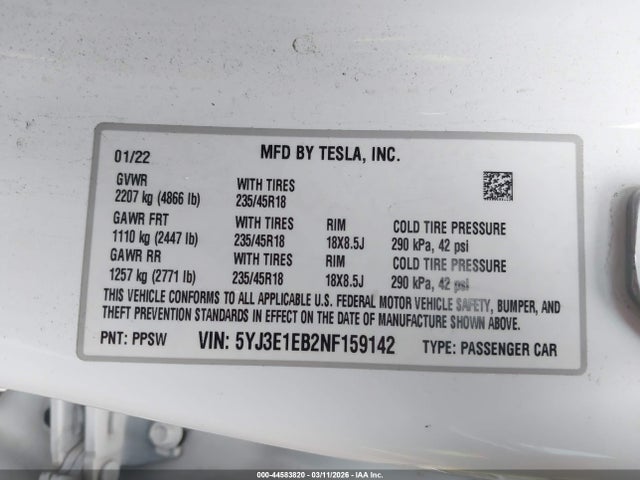 Aukcja sprzedaży 2022 Tesla Model 3 Long Range Dual Motor All-wheel Drive, vin: 5YJ3E1EB2NF159142, numer aukcji: 44583820