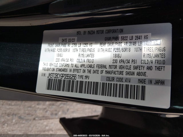 44583833 :رقم المزاد ، JM3TCBCY9P0658256 vin ، 2023 Mazda Cx-9 Touring مزاد بيع