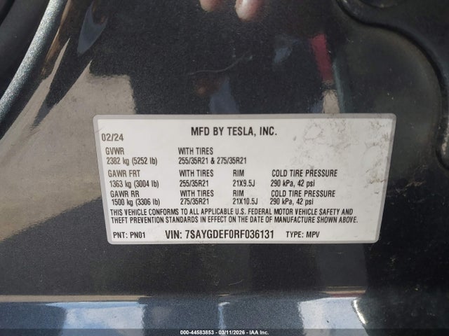 44583853 :رقم المزاد ، 7SAYGDEF0RF036131 vin ، 2024 Tesla Model Y Performance Dual Motor All-wheel Drive مزاد بيع