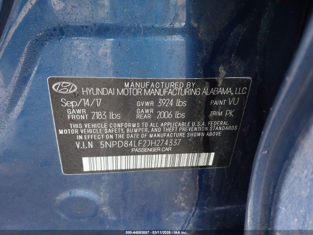 2018 Hyundai Elantra Sel მანქანა იყიდება აუქციონზე, vin: 5NPD84LF2JH274337, აუქციონის ნომერი: 44583857