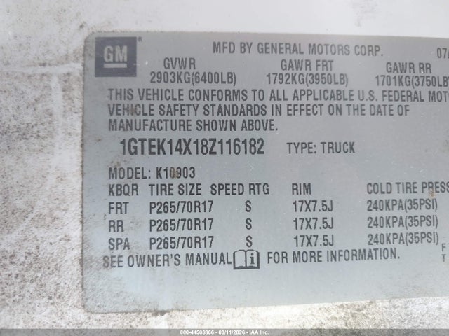 44583866 :رقم المزاد ، 1GTEK14X18Z116182 vin ، 2008 Gmc Sierra 1500 Work Truck مزاد بيع