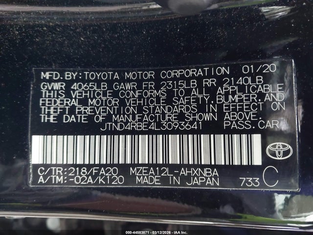 Продажа на аукционе авто 2020 Toyota Corolla Se, vin: JTND4RBE4L3093641, номер лота: 44583871