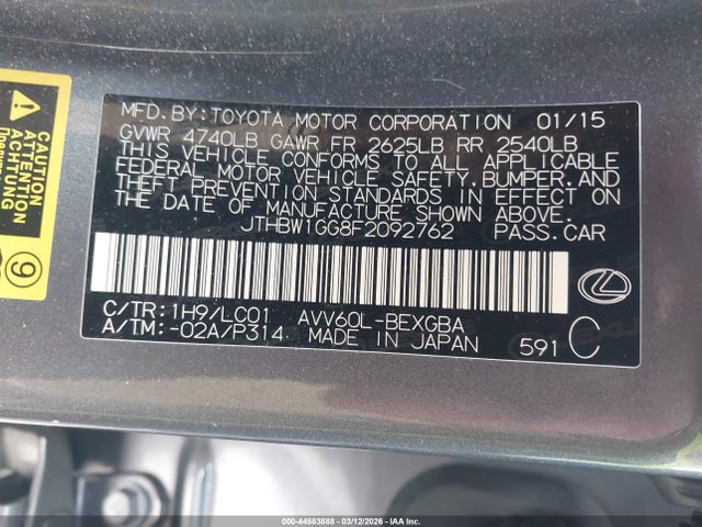 Aukcja sprzedaży 2015 Lexus Es 300h, vin: JTHBW1GG8F2092762, numer aukcji: 44583888