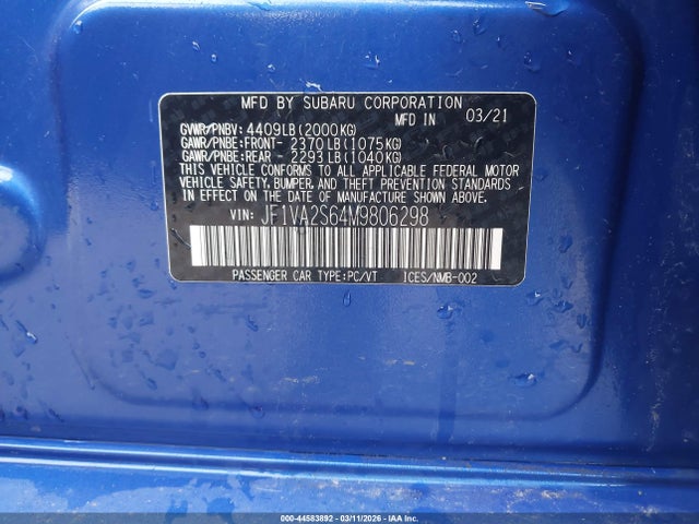 Продажа на аукционе авто 2021 Subaru Wrx Sti, vin: JF1VA2S64M9806298, номер лота: 44583892