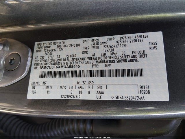 2021 FORD ESCAPE 1FMCU0F6XMUA98445 Photo 8