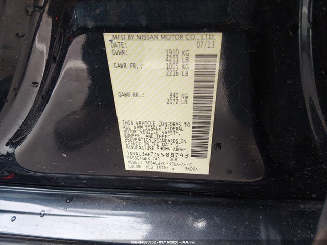 2013 Nissan Altima 2.5 Sv მანქანა იყიდება აუქციონზე, vin: 1N4AL3AP7DN588793, აუქციონის ნომერი: 44583902