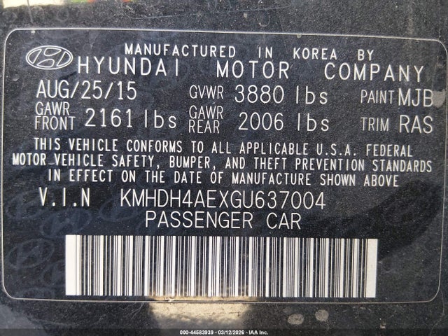 Продаж на аукціоні авто 2016 Hyundai Elantra Se, vin: KMHDH4AEXGU637004, номер лоту: 44583939