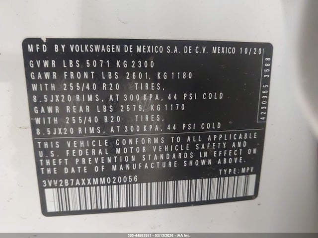 Aukcja sprzedaży 2021 Volkswagen Tiguan 2.0t Se/2.0t Se R-line Black/2.0t Sel, vin: 3VV2B7AXXMM020056, numer aukcji: 44583981
