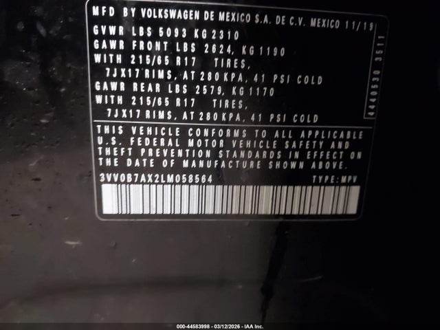44583998 :رقم المزاد ، 3VV0B7AX2LM058564 vin ، 2020 Volkswagen Tiguan 2.0t S مزاد بيع