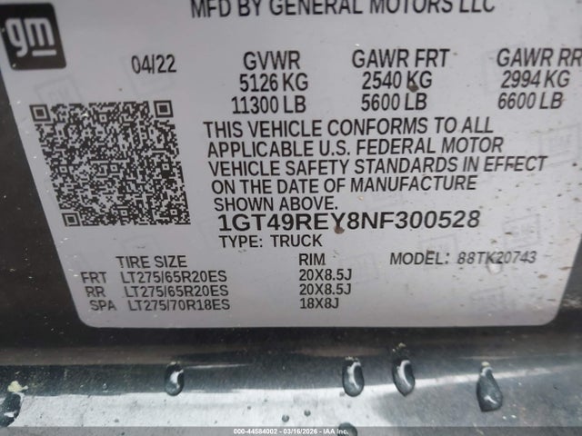 44584002 :رقم المزاد ، 1GT49REY8NF300528 vin ، 2022 Gmc Sierra K2500 Denali مزاد بيع
