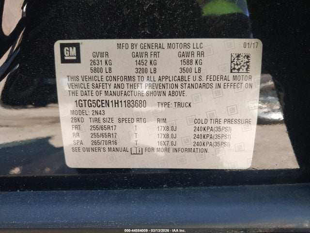 44584009 :رقم المزاد ، 1GTG5CEN1H1183680 vin ، 2017 Gmc Canyon Sle مزاد بيع