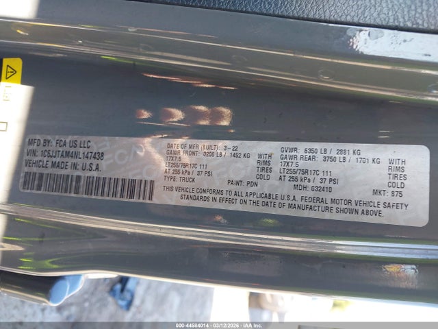 Продажа на аукционе авто 2022 Jeep Gladiator Texas Trail 4x4, vin: 1C6JJTAM4NL147438, номер лота: 44584014