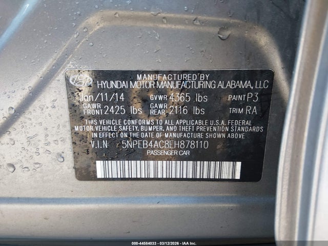 Aukcja sprzedaży 2014 Hyundai Sonata Gls, vin: 5NPEB4AC8EH878110, numer aukcji: 44584033