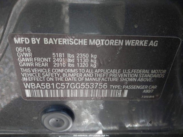 Aukcja sprzedaży 2016 Bmw 535i, vin: WBA5B1C57GG553756, numer aukcji: 44584034