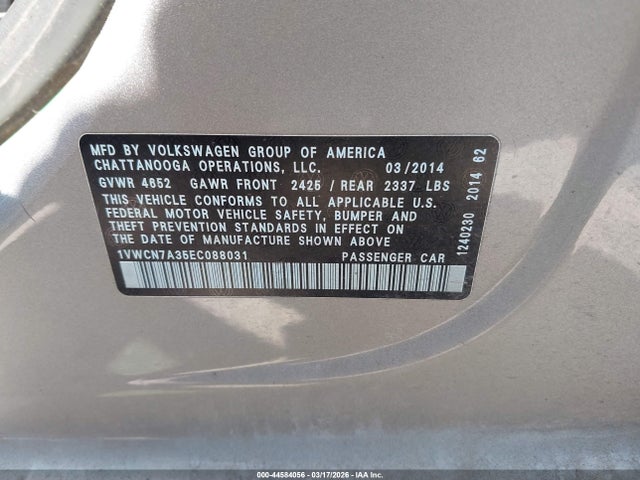 44584056 :رقم المزاد ، 1VWCN7A35EC088031 vin ، 2014 Volkswagen Passat 2.0l Tdi Sel Premium مزاد بيع