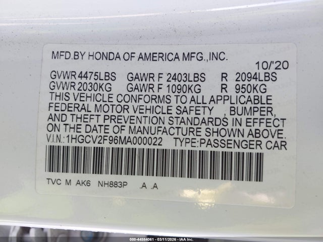 1HGCV2F96MA000022 Honda Accord Touring