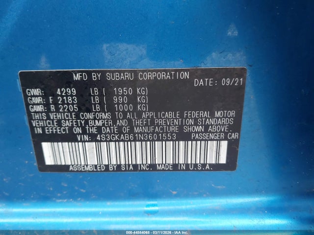 Продаж на аукціоні авто 2022 Subaru Impreza Base, vin: 4S3GKAB61N3601553, номер лоту: 44584068