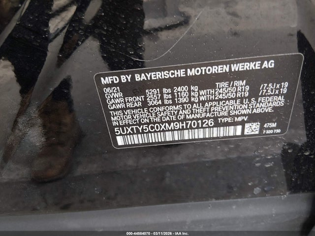 44584070 :رقم المزاد ، 5UXTY5C0XM9H70126 vin ، 2021 Bmw X3 Xdrive30i مزاد بيع