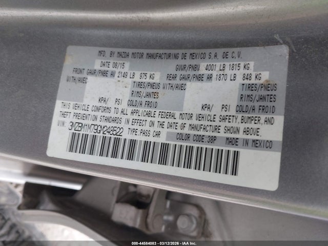 44584083 :رقم المزاد ، 3MZBM1M79GM248522 vin ، 2016 Mazda Mazda3 I Touring مزاد بيع