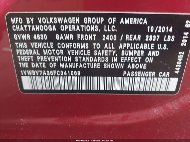 Продажа на аукционе авто 2015 Volkswagen Passat 2.0l Tdi Se, vin: 1VWBV7A36FC041068, номер лота: 44584091