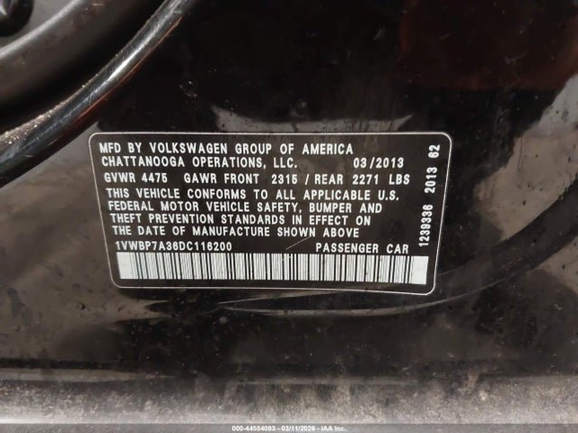 2013 Volkswagen Passat 2.5l Se მანქანა იყიდება აუქციონზე, vin: 1VWBP7A36DC116200, აუქციონის ნომერი: 44584093