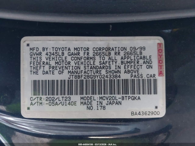 44584156 :رقم المزاد ، JT8BF28G9Y0243384 vin ، 2000 Lexus Es 300 مزاد بيع