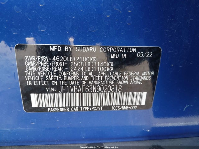 Subaru Wrx Premium 2022 JF1VBAF63N9020818 Image 9
