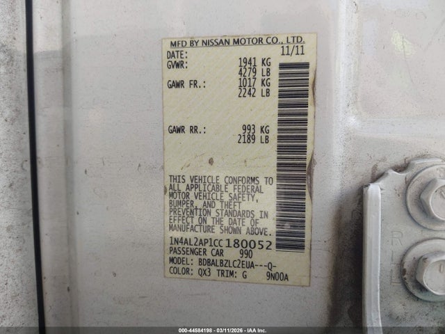 Aukcja sprzedaży 2012 Nissan Altima 2.5 S, vin: 1N4AL2AP1CC180052, numer aukcji: 44584198