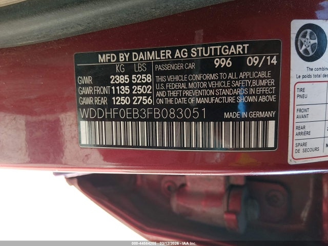 44584205 :رقم المزاد ، WDDHF0EB3FB083051 vin ، 2015 Mercedes-benz E 250 Bluetec مزاد بيع