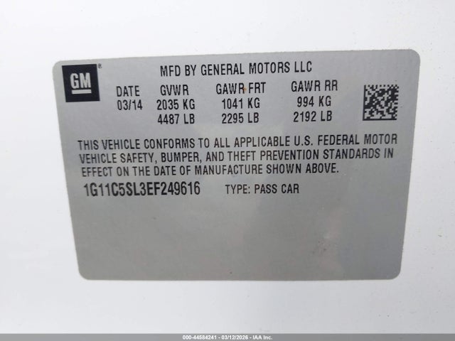 Продажа на аукционе авто 2014 Chevrolet Malibu 1lt, vin: 1G11C5SL3EF249616, номер лота: 44584241