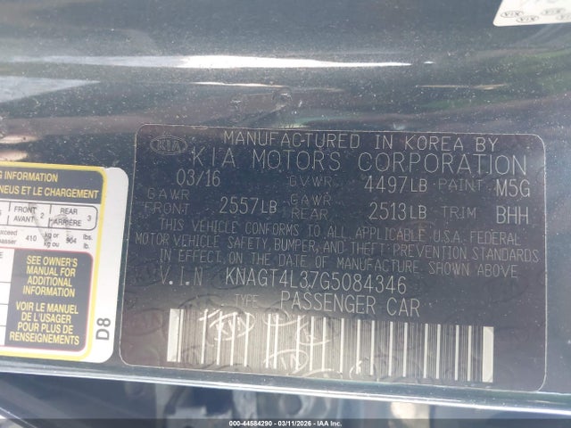 Aukcja sprzedaży 2016 Kia Optima Lx, vin: KNAGT4L37G5084346, numer aukcji: 44584290