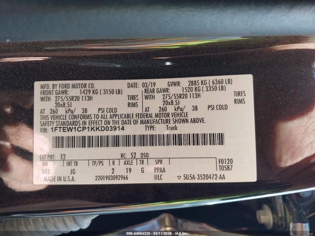 Aukcja sprzedaży 2019 Ford F-150 Xl, vin: 1FTEW1CP1KKD03914, numer aukcji: 44584320