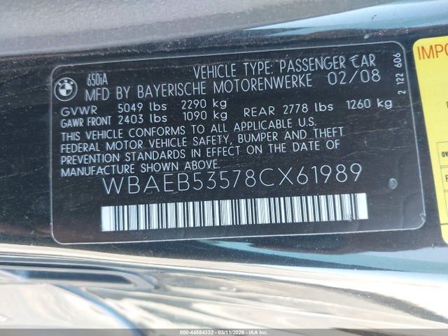 Продажа на аукционе авто 2008 Bmw 650i, vin: WBAEB53578CX61989, номер лота: 44584332