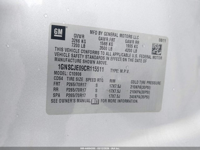 Aukcja sprzedaży 2012 Chevrolet Suburban 1500 Lt, vin: 1GNSCJE09CR115511, numer aukcji: 44584355