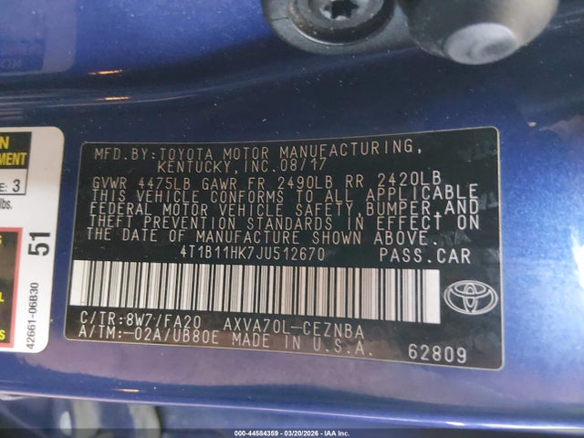 4T1B11HK7JU512670 Toyota CAMRY LE