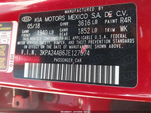 3KPA24AB6JE127074 KIA RIO S