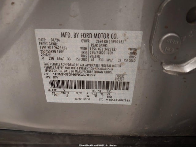 44584380 :رقم المزاد ، 1FMSK8DH6RGA78297 vin ، 2024 Ford Explorer Xlt مزاد بيع