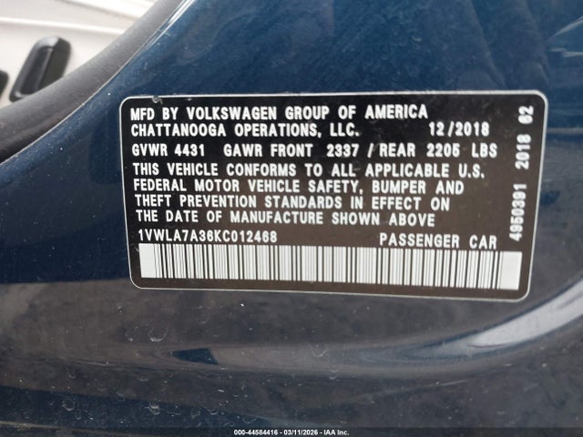Продажа на аукционе авто 2019 Volkswagen Passat 2.0t Wolfsburg Edition, vin: 1VWLA7A36KC012468, номер лота: 44584416