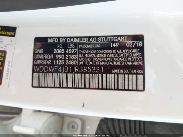 44584419 :رقم المزاد ، WDDWF4JB1JR385331 vin ، 2018 Mercedes-benz C 300 مزاد بيع