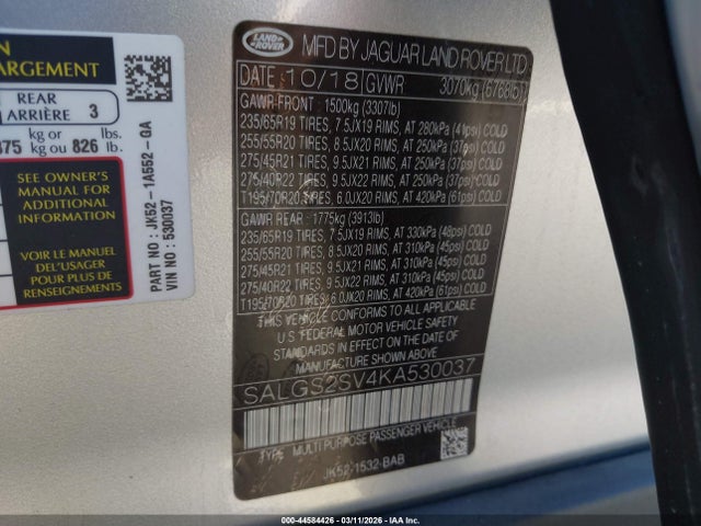Продажа на аукционе авто 2019 Land Rover Range Rover 3.0l V6 Supercharged Hse, vin: SALGS2SV4KA530037, номер лота: 44584426