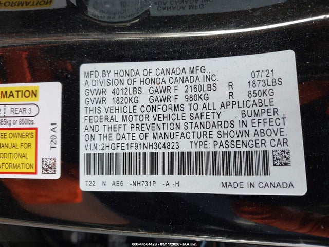 2022 HONDA CIVIC 2HGFE1F91NH304823 Photo 8