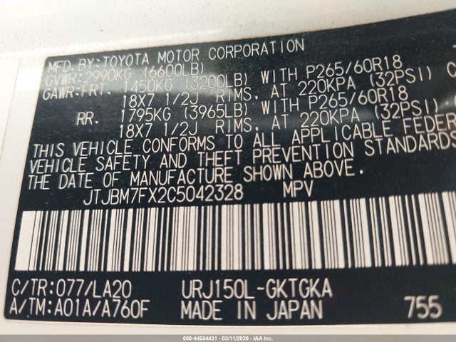 Aukcja sprzedaży 2012 Lexus Gx 460, vin: JTJBM7FX2C5042328, numer aukcji: 44584431