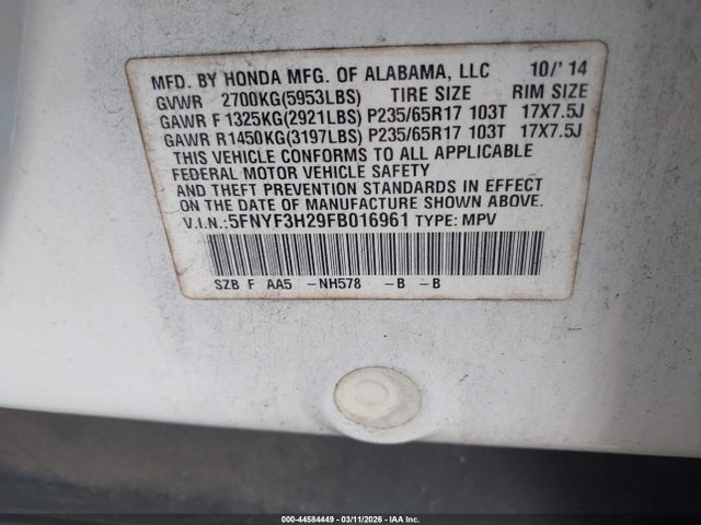 Honda PILOT LX 2015 5FNYF3H29FB016961 Image 9